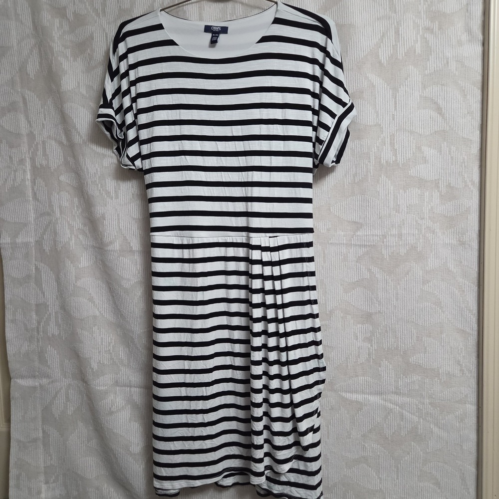 Striped Black/White Knit T-Shirt Dress XL Chaps Knee Length Coastal Prep Casual